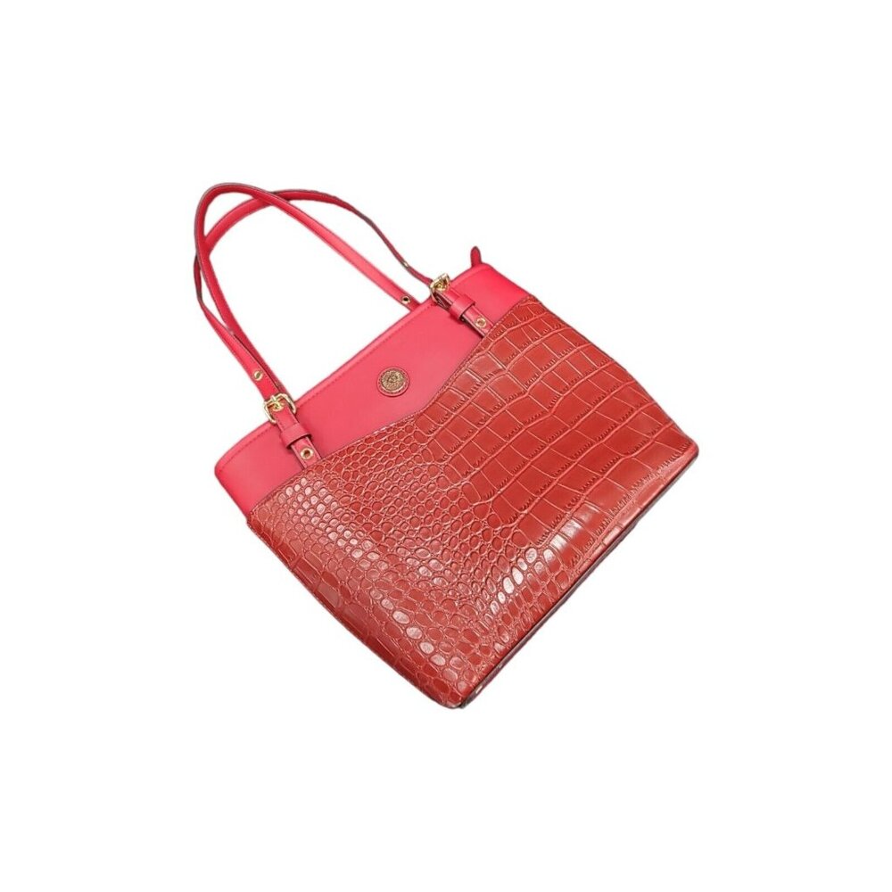 Anne Klein Red Croc Embossed Perfect Tote Red Bucket Shoulder Bag Gold-Tone Acce - Picture 7 of 16